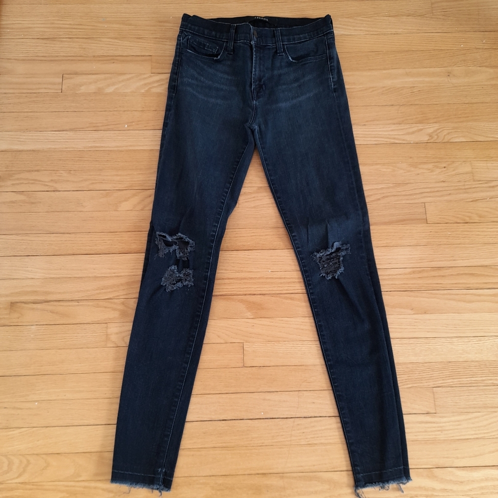 J Brand Blacklash Skinny Jeans with Distressed Knees and Raw Hem Size 28